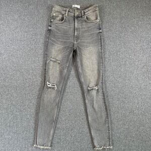 Zara Womens High Waisted Skinny Jeans Grey Ripped Knee Raw Hem Size 4 Denim 👖